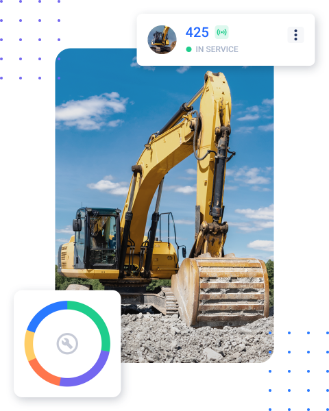 Construction fleet management software beside heavy equipment, with engine-hour maintenance and cost cards