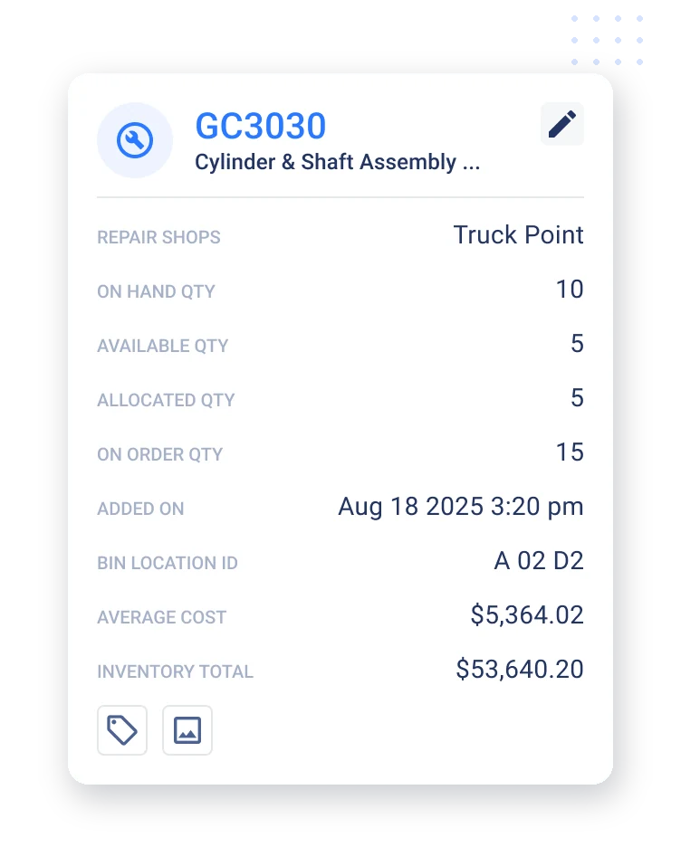 A parts inventory record showing on-hand, available, allocated, and on-order quantities with bin location and inventory value