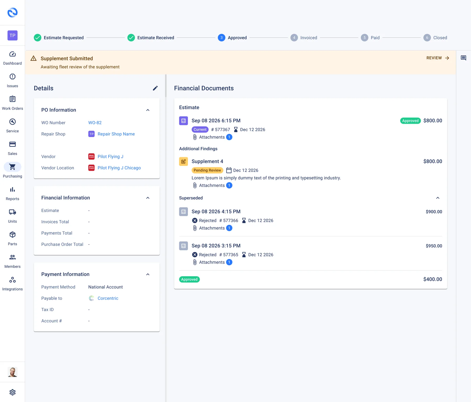 A Fleetpal work order's estimate, approval, purchase order, and payment workflow with vendor and repair shop details