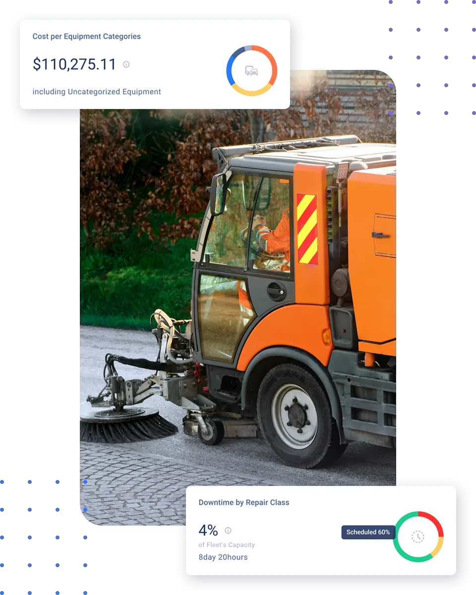 Government fleet management software beside a municipal street sweeper, with cost and downtime cards