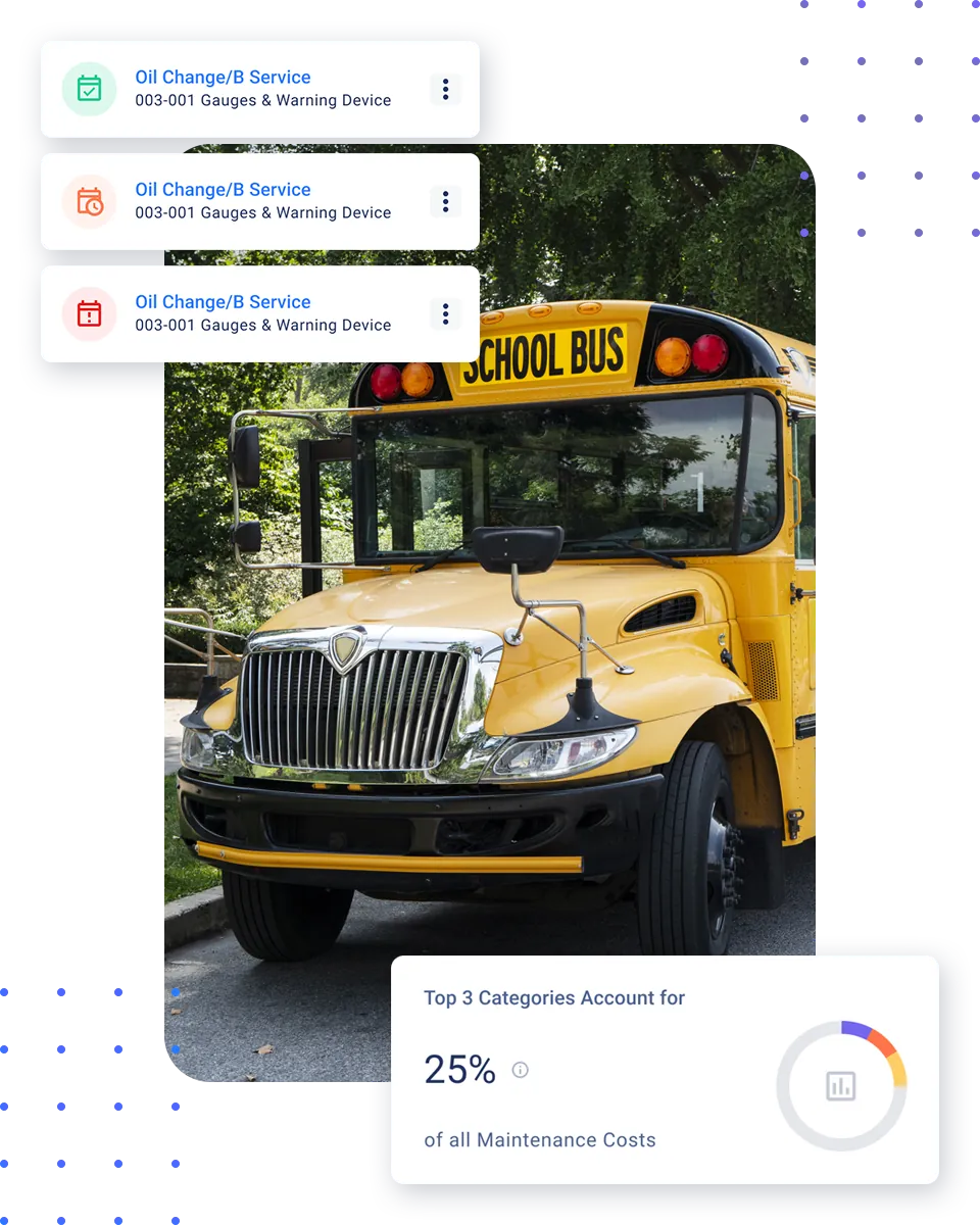 Transit fleet maintenance software beside a school bus, with preventive maintenance and cost cards
