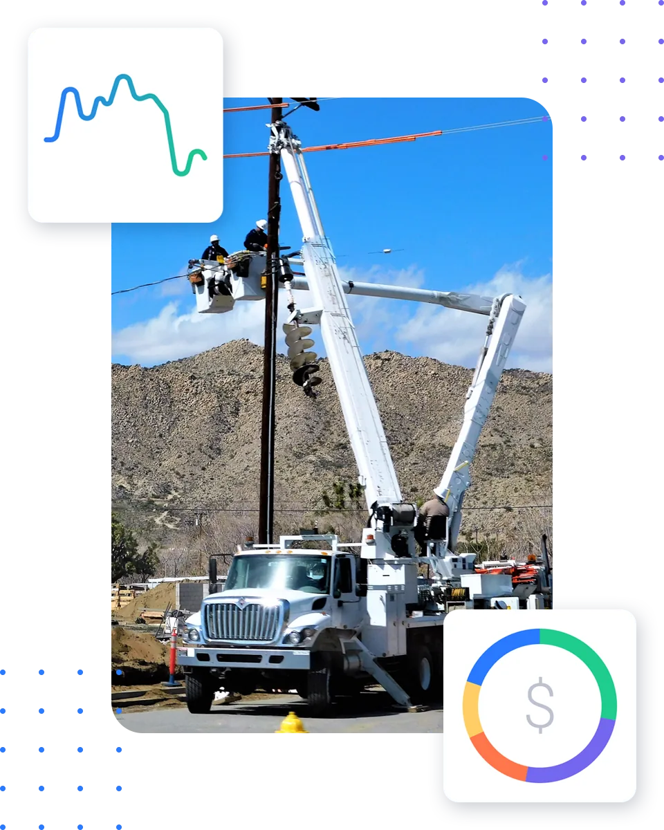Utility fleet maintenance software beside a bucket truck and line crew, with cost and trend cards