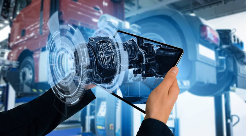 Resources 8 Fleet Manager's hands holding tablet loaded with Preventive Maintenance Software. A tractor unit on a lift is in the background. Maintenance data is flowing out of the screen. Vehicle Inspections.